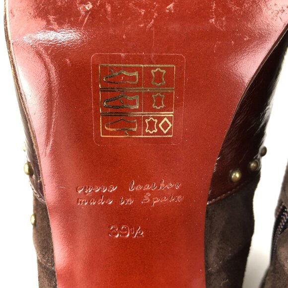 Chie Mihara Women's EU 39.5 Adis Brown Leather Suede Studded High Heel Boots - Picture 15 of 16